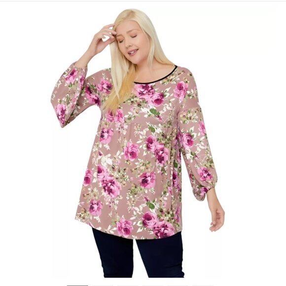 Floral Print Plus Size Tunic, Bubble Sleeve Blouse, Stylish for Everyday Wear 1X - Picture 1 of 3
